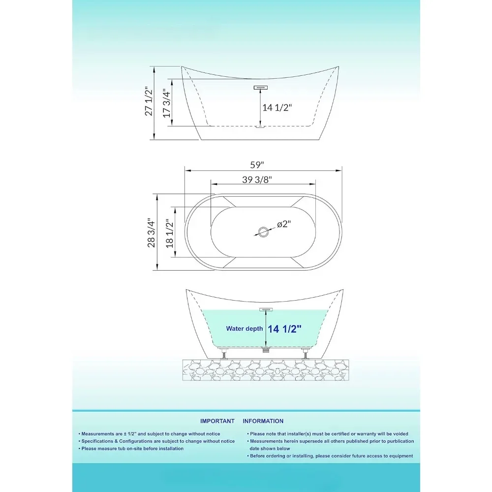 59" Freestanding Bathtub with Bathtub Spa Pillow，Contemporary Soaking Tub with Matte Black Overflow and Drain，luxury Bathtub 6
