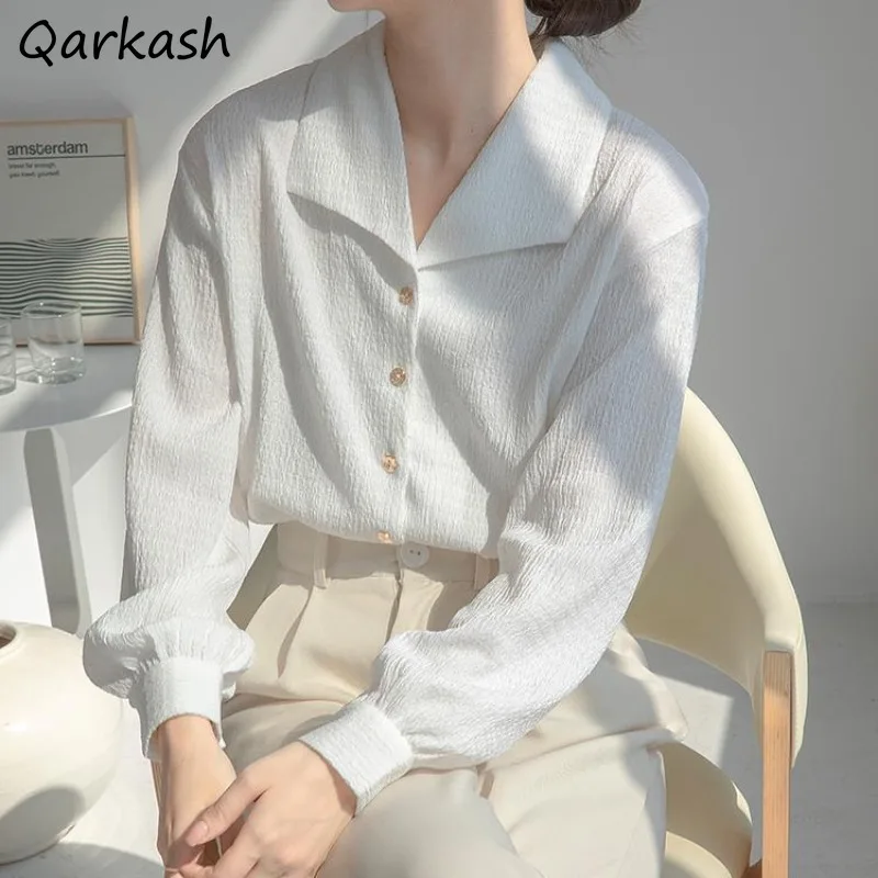 

Белая женская рубашка во французском стиле, однотонные нежные универсальные топы, свободные элегантные шикарные женские рубашки с отложным воротником для весны и лета