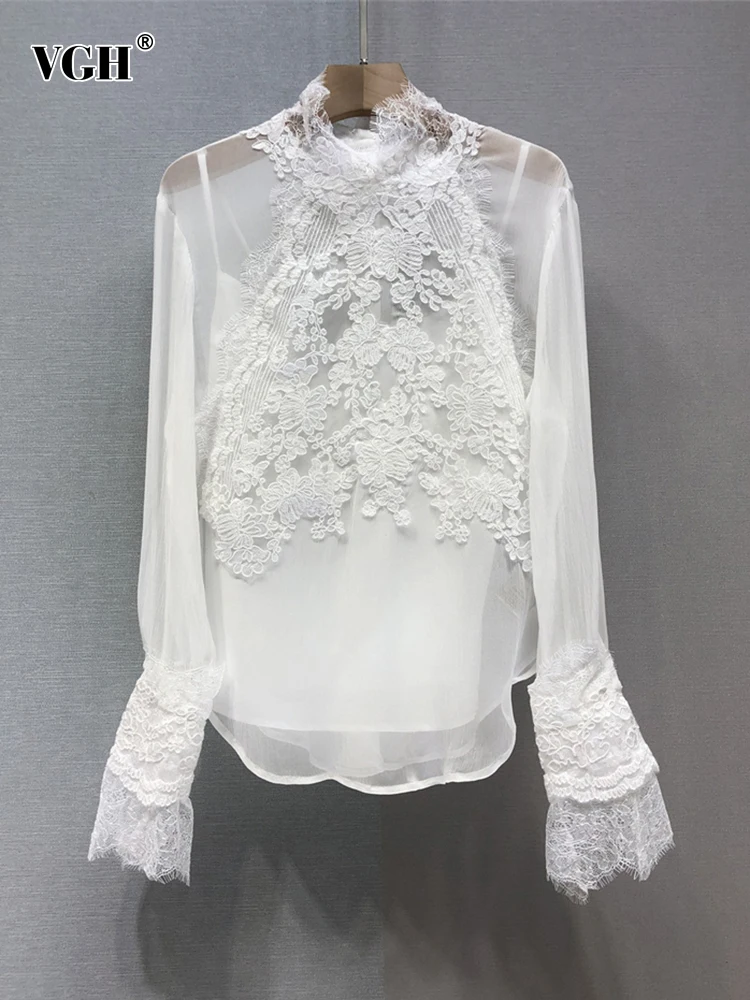 

VGH Solid Patchwork Lace Elegant Shirt For Women Stand Collar Long Sleeve Slimming Temperament Blouse Female Fashion Clothes New