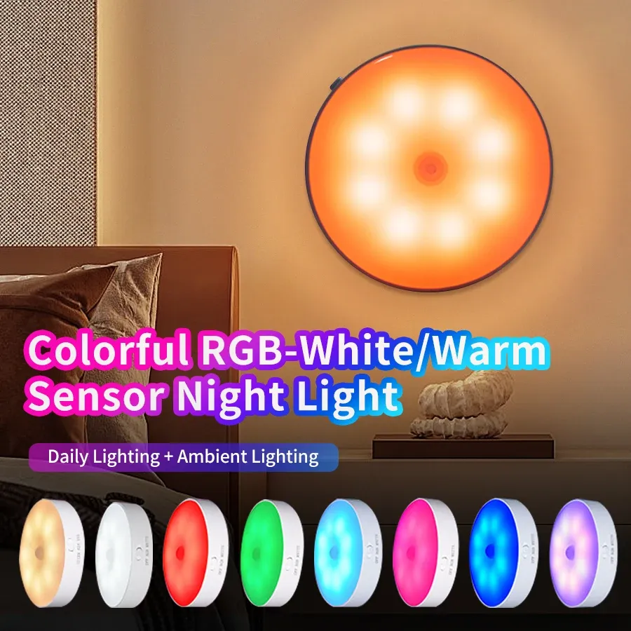 LED Human Sensor Night Light Rechargeable Wireless RGB Under Cabinet Lights Motion Sensor Night Lamp for Bedroom Hallway Stairs