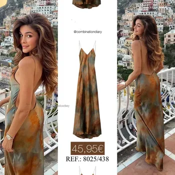 Elegant Sexy Long Dress New 2025 Design V-neck Open Back Rainbow Printing Tank Dress For Women Cross-border European Style 1