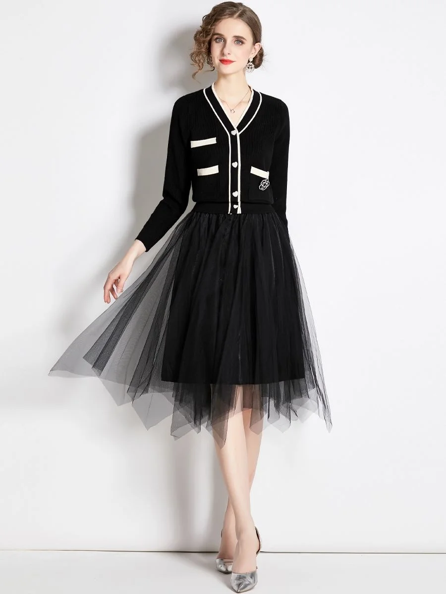 

Autumn Winter Women Mesh Patchwork Knitted Sweater Dress Long Sleeve V-Neck Slim Elastic Thick Warm Pleated Midi Tulle Vestidos