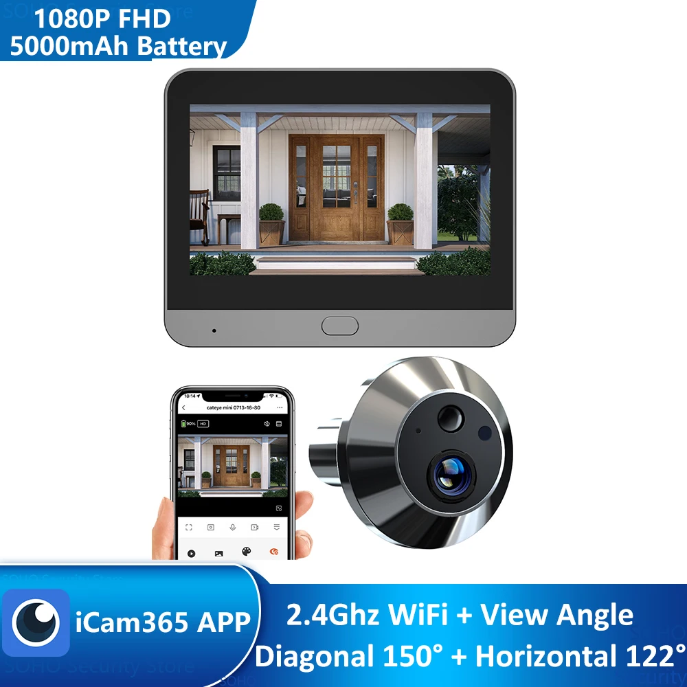 Smart 1080P Mini Digital Peephole Door Camera Wireless WiFi Infrared IR PIR Motion Detection Digital Viewer Doorbell iCam365 APP