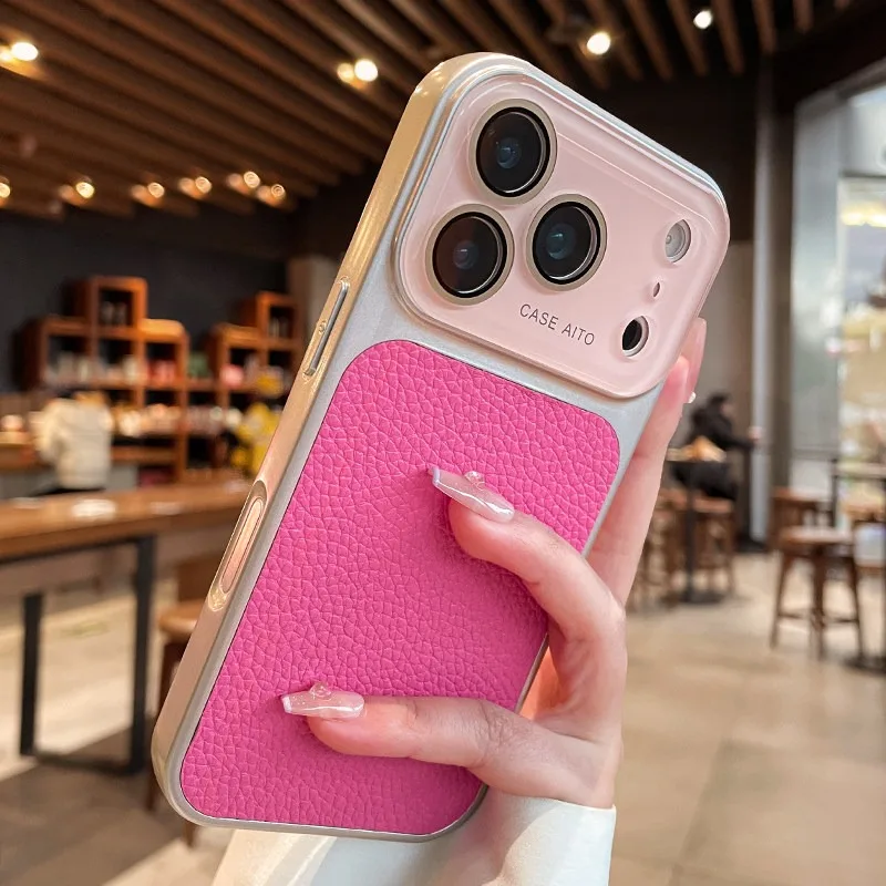 Luxury Litchi Leather Phone Case with Large Window Lens Protector & Shockproof Cover