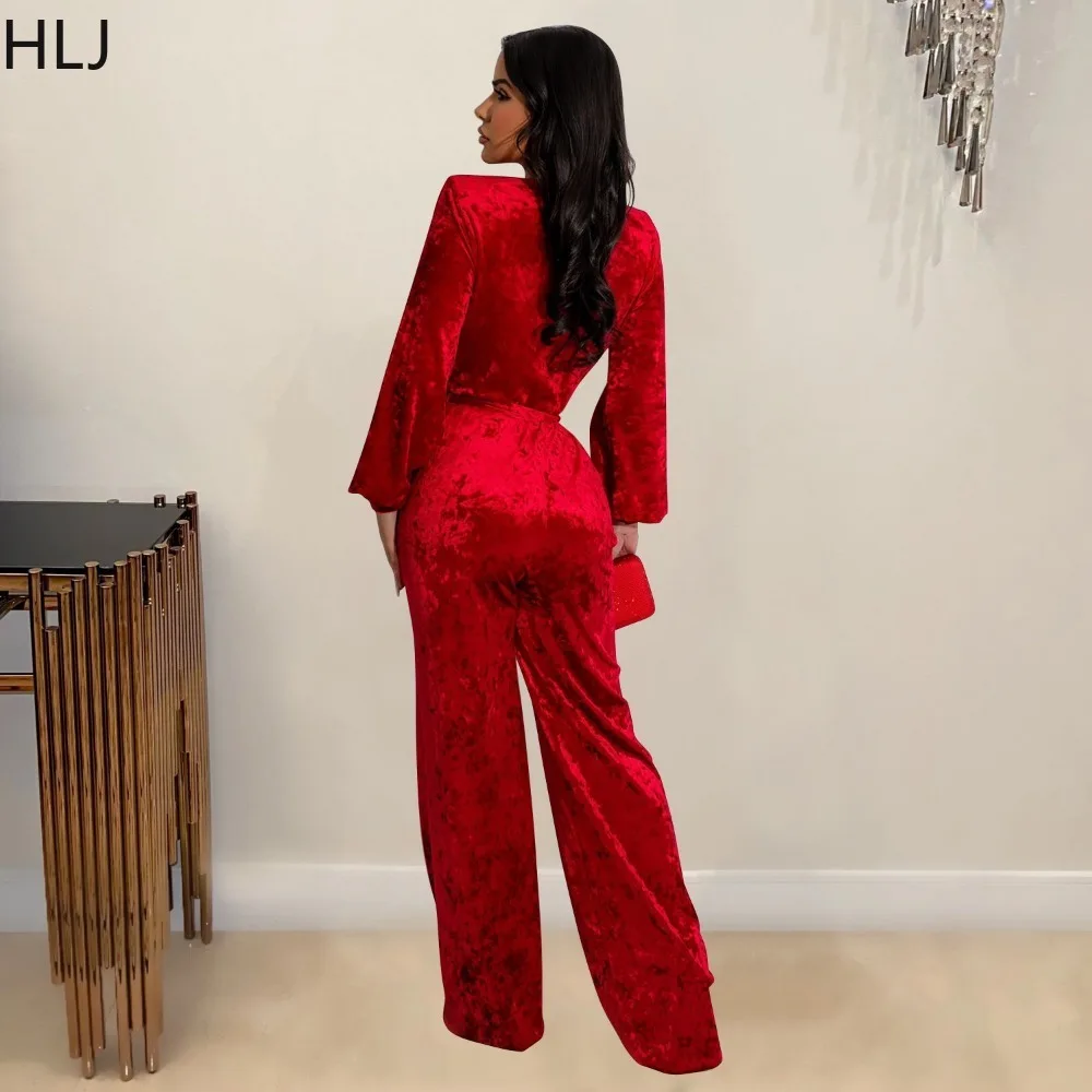 HLJ Fashion Velvet Deep V Slim Lace Up Jumpsuits Women Long Sleeve Solid Color Wide Leg Pants One Piece Playsuits Female Overall