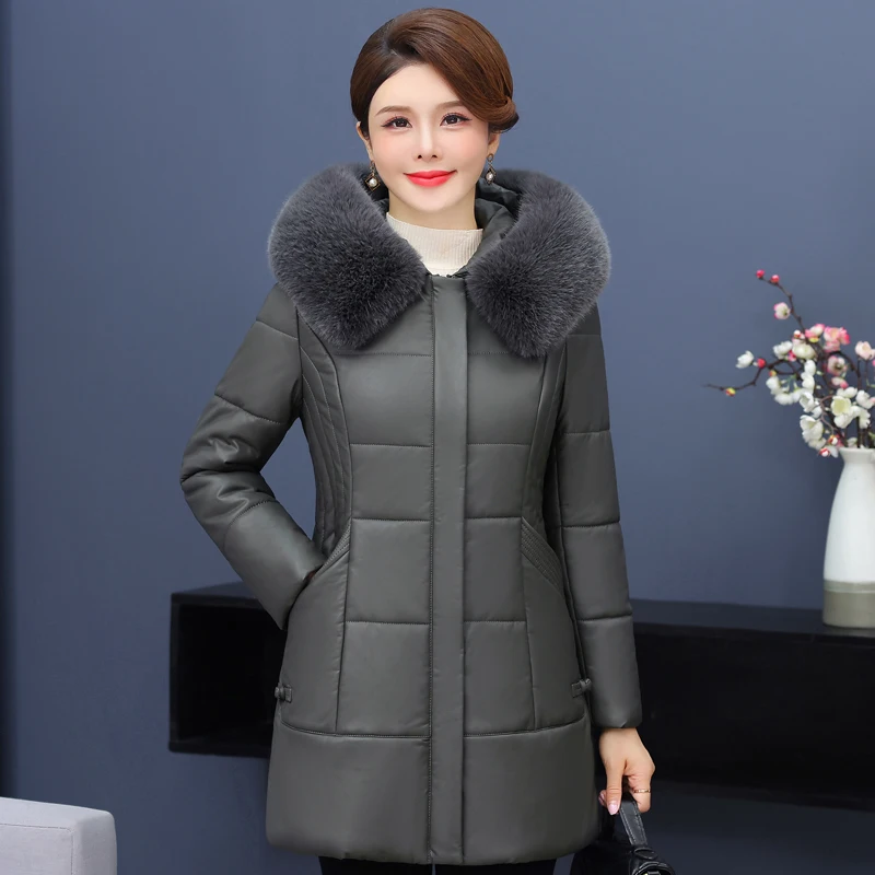 

Winter Leather Jackets Women Hooded Fur Collar Thick Warm Parkas Winter Windproof Waterproof Elegant Middle-aged Women's Coat