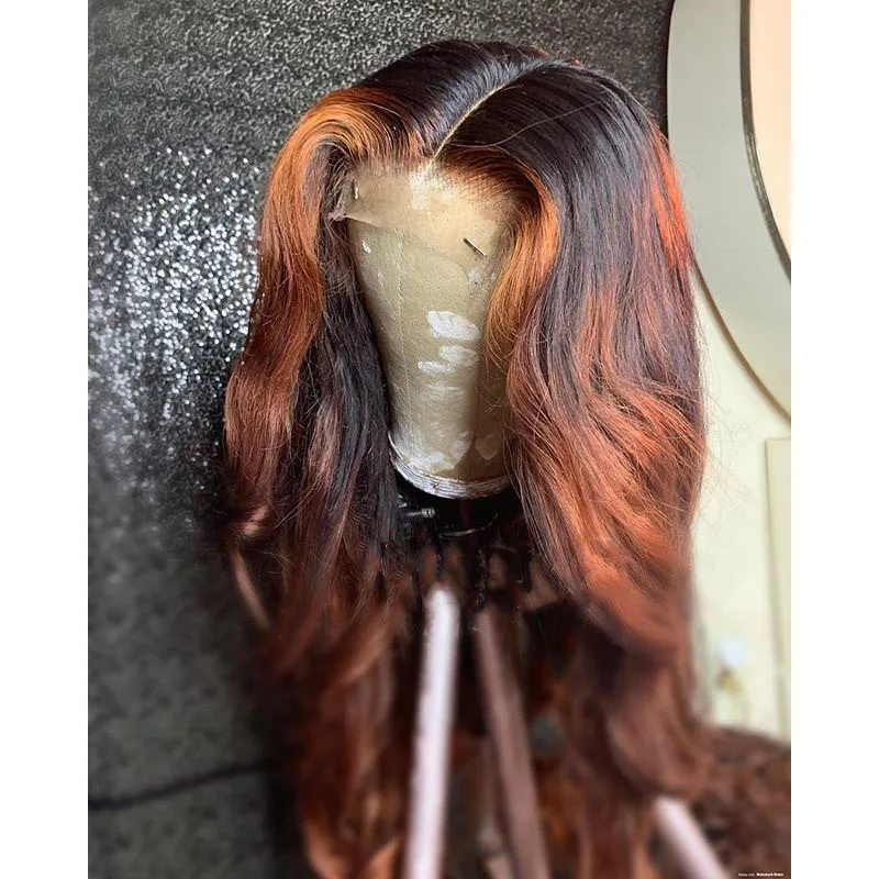 Ombre orange Free Part Long 26Inch Glueless 200Density Body Wave Lace 5x5 Silk Base Human Hair Wig For Women BabyHair Preplucked