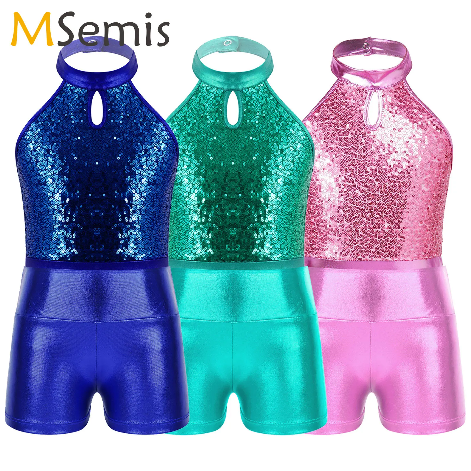 

Kids Girls Halter Sequins Ballet Gymnastics Leotard with Shorts Jazz Hip-Hop Dancewear Sets for Dance Competition Performance
