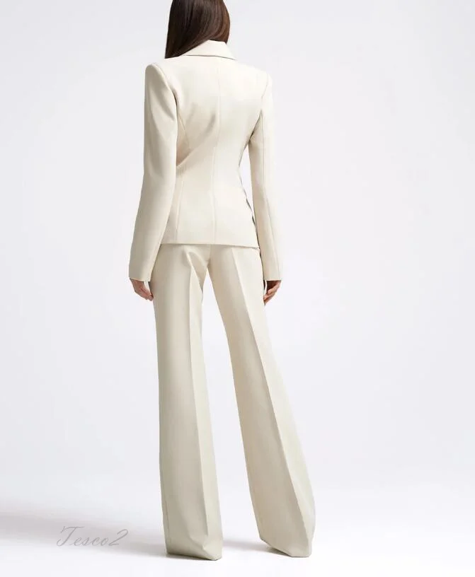 Tesco Stylish Women's Suits White Blazer Wide Leg Pants Sets For Women 2 Piece Wedding Female Suit conjuntos femininos