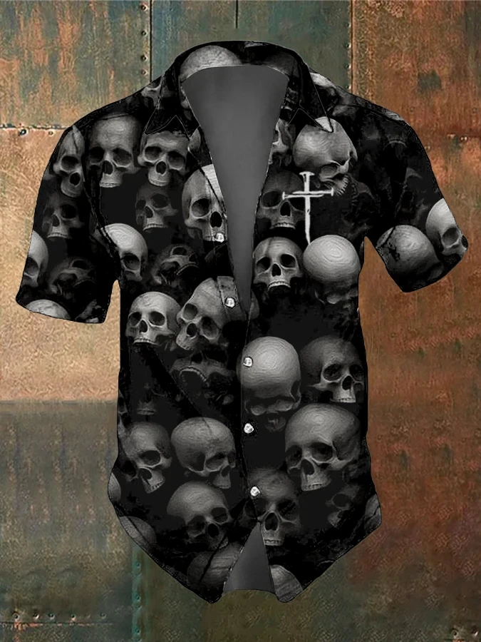 thumbnail image 1 of Camisas de verano para hombre, estilo retro, con calaveras, informal, de manga corta, para uso diario, 2024, blusas holgadas de gran tamaño con solapa, 1 of 5