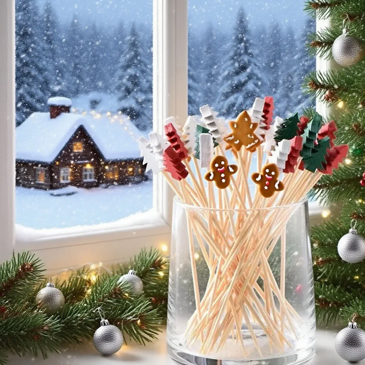 50pcs-Christmas Themed Fruit Fork Disposable Bamboo Stick Set