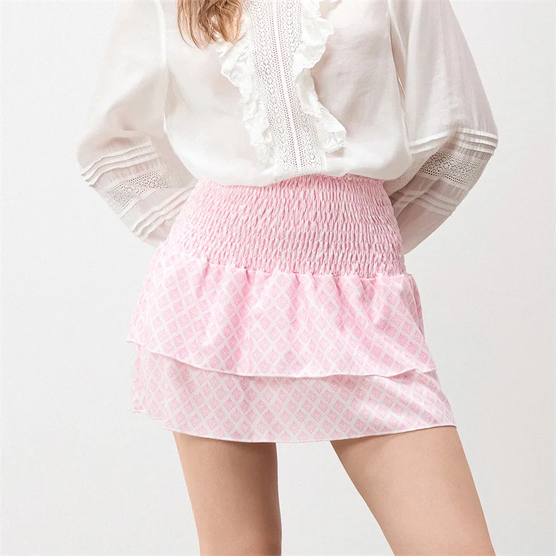 Minifalda de verano para mujer, con estampado floral, elástica, de cintura alta, con volantes escalonados, faldas cortas de corte A, faldas para salir, ropa de calle
