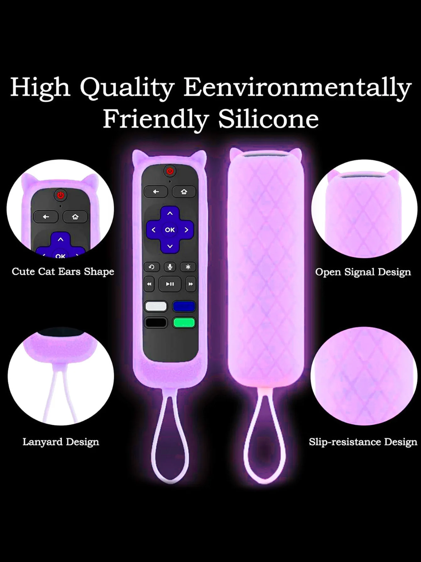 Universal Silicone Remote Control Protective Case with Glow-in-the-dark Cat Ears Remote Control Cover Shockproof for TCL Roku Se