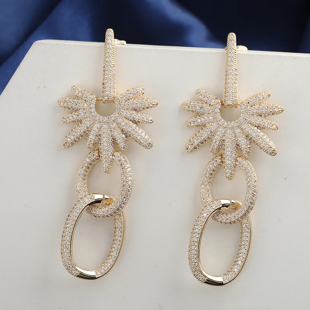 Geometric Lines Top Luxury Earrings Gold Shiny Aaa Cubic Zirconia Intensive Inlays High Design Jewelry Banquet Party Accessories