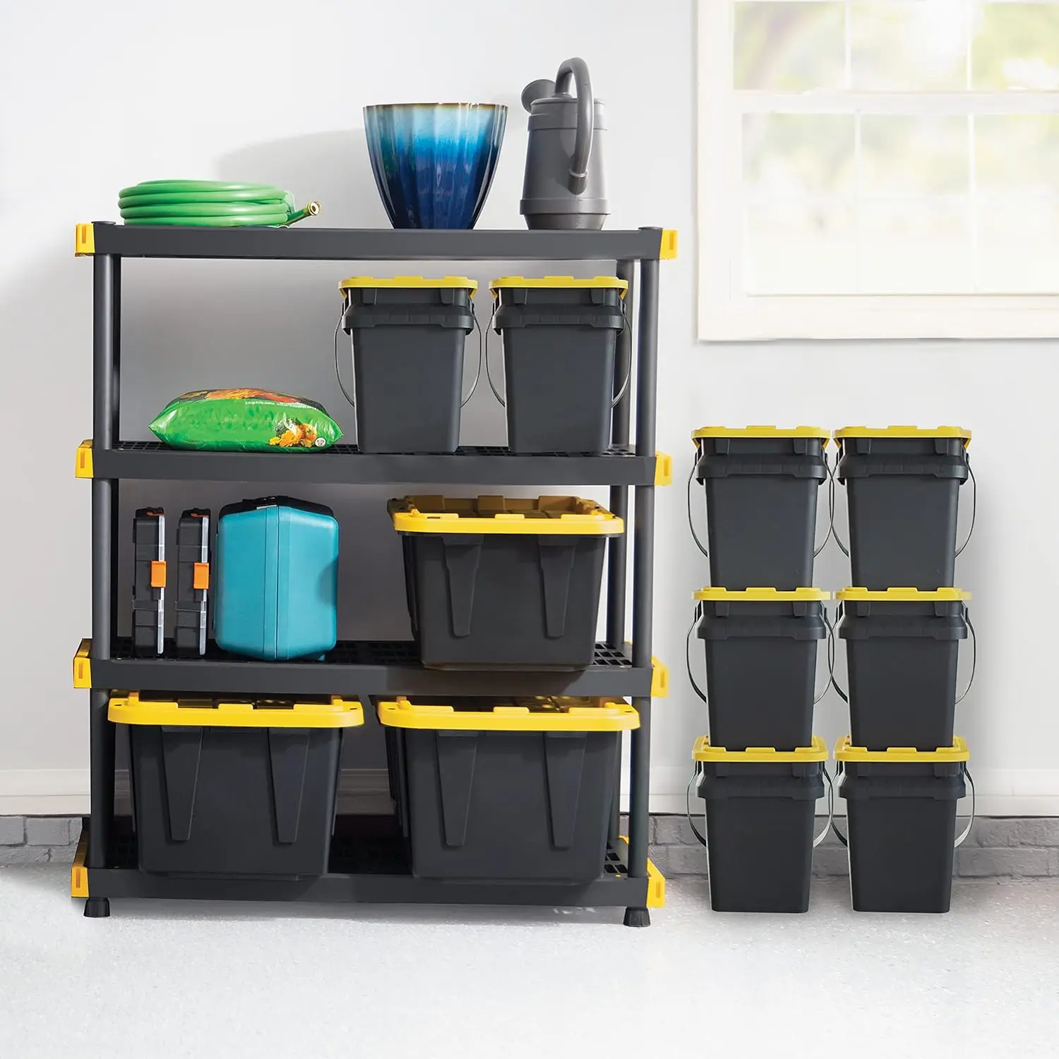 Black & Yellow, Shelving Unit and Heavy Duty Storage Containers, Extremely Durable (Shelf + 27 Gallon Container (8-Pack)) 2