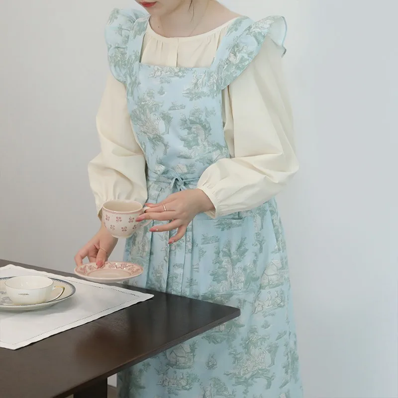 Long Print Water-resistant Cotton Ruffled Kitchen Apron with Pockets for Women Cross-back Pinafore for Cooking Baking Gardening