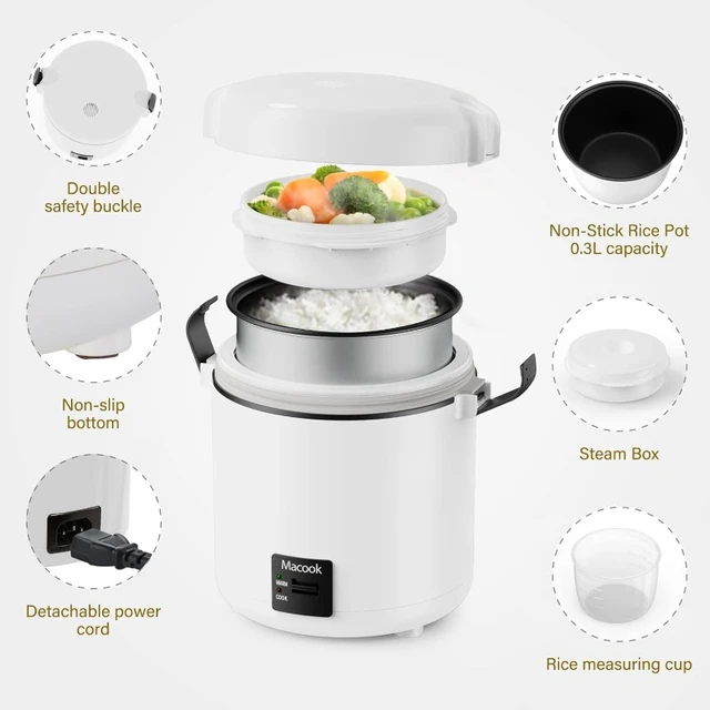 Mini Rice Cooker 1-1.5 Cups Uncooked(3 Cups Cooked), Rice Cooker Small with  Bento Box, Removable Nonstick Pot, One Touch&Keep Warm Function, Portable