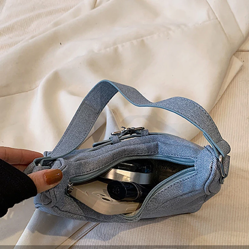 Women Shoulder Handbag Vintage Casual Hobos Denim Star Decor Solid Color Underarm Bag for Girls Ladies Purse Tote