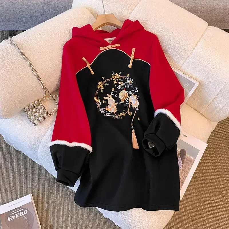 thumbnail image 1 of Falda con capucha de gran tamaño, gruesa y con forro polar, de moda 2023, de material de algodón con estilo nacional para primavera y otoño, 1 of 5