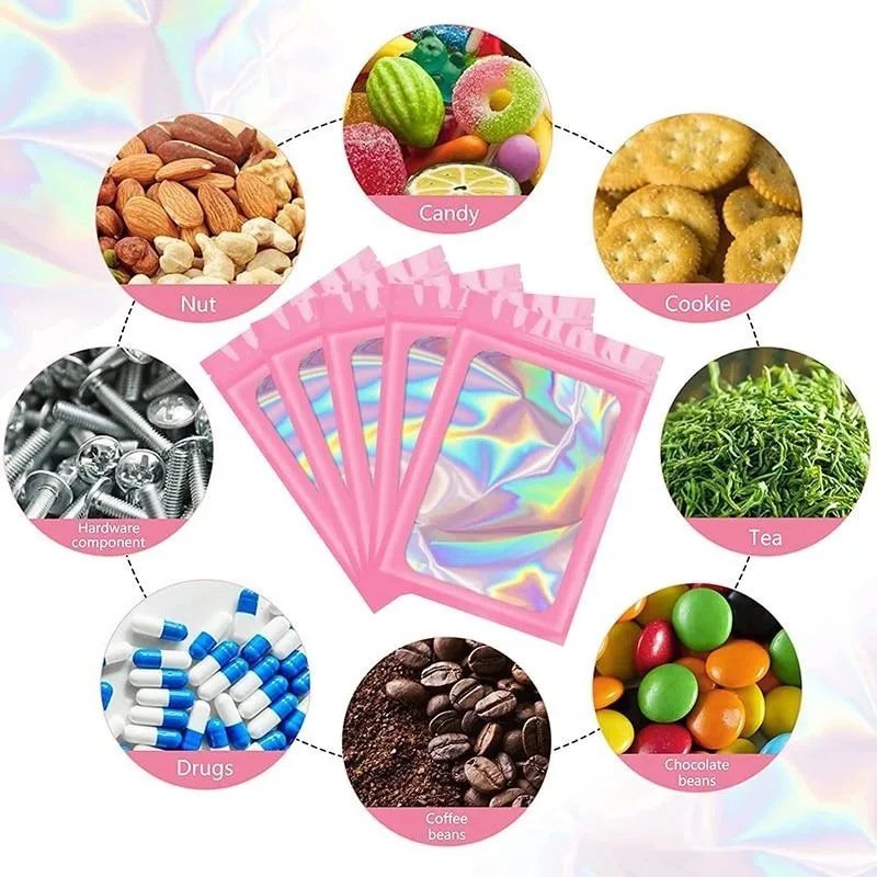 Bolsas de Mylar translúcidas a prueba de olores, bolsas de embalaje holográficas resellables con ventana transparente para alimentos, 50 piezas - Imagen 2