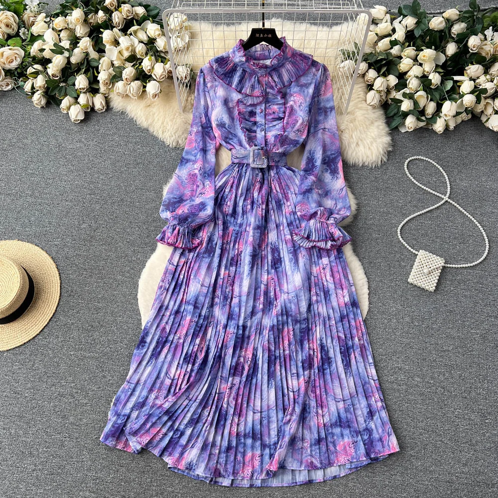 

Foamlina Spring Summer Floral Print Chiffon Dress Women Elegant O Neck Long Sleeve Single Breasted Beach Holidays Pleated Dress