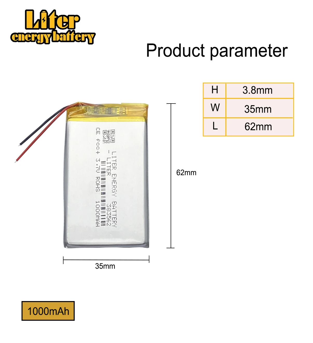 Batterie LiPo 3.7V 1000mAh pour Hélicoptère RC - Haute Capacité et Longue Durée, côté étiquette