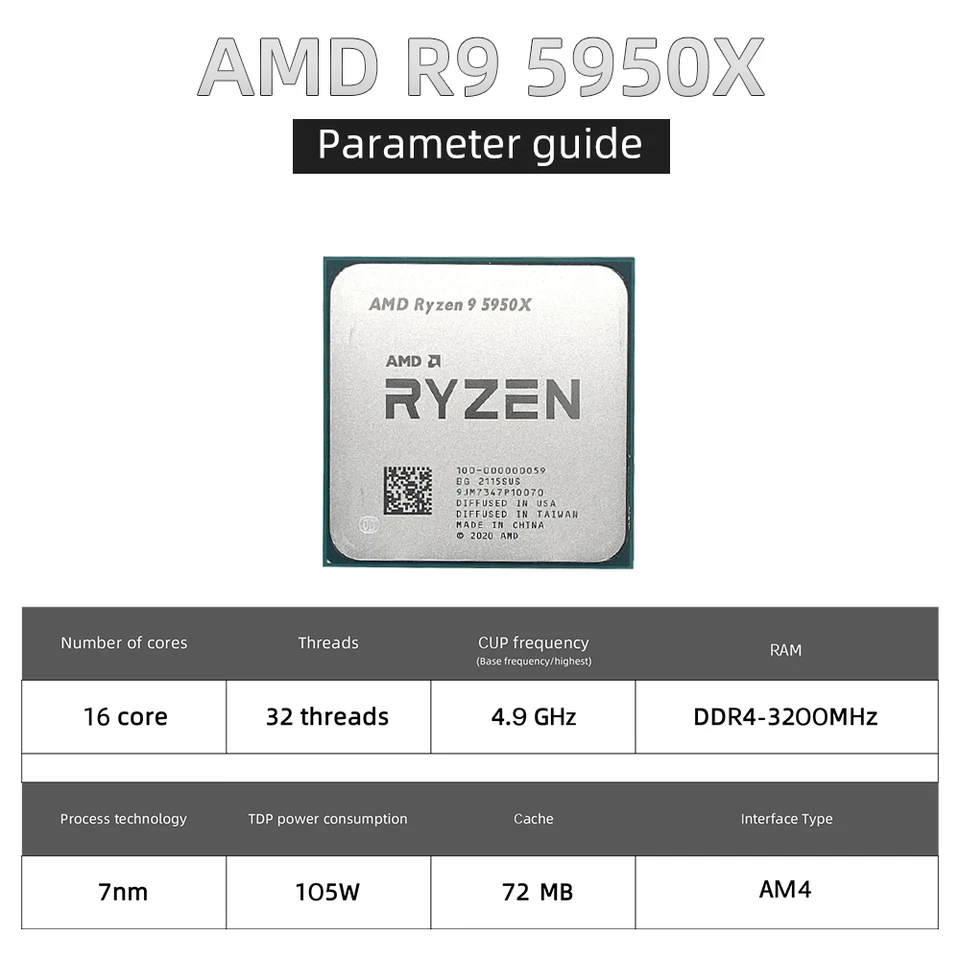 AMD Ryzen R9 5950x CPU 5950x desktop computer processor 3.4GHz 100