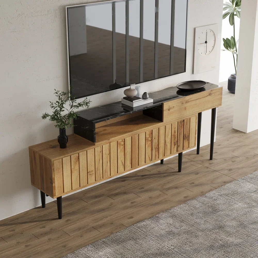 Moderner TV-Ständer mit Marmor- und Holzschnitzerei-Design, PVC-Kante, Eisenbeine, dunkle Holzfarbe, platzsparend, langlebig und langlebig – Detail 5