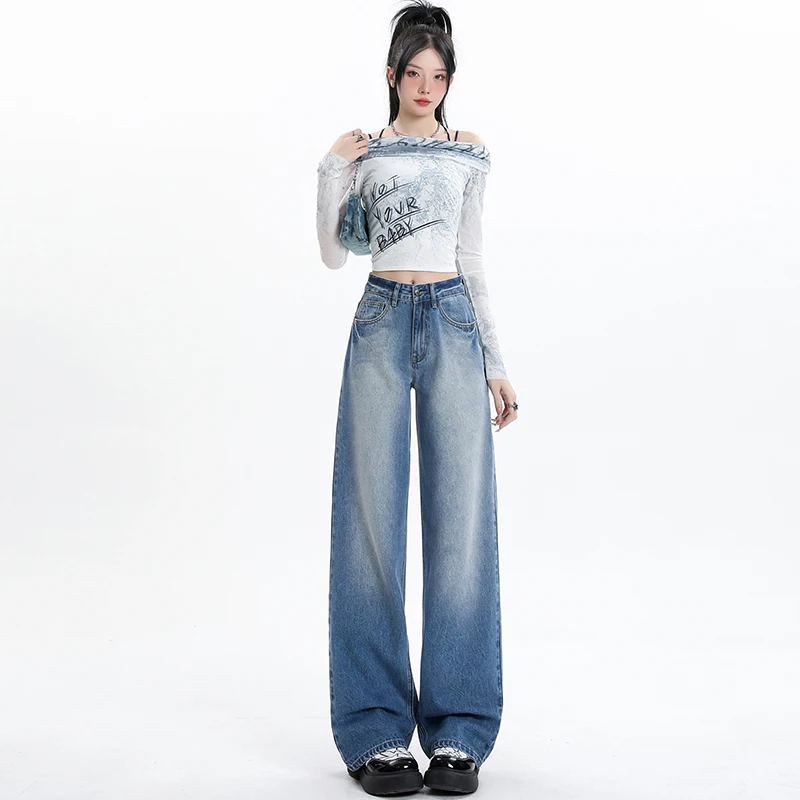 

Autumn High Waist Wide Leg Pants Fashion Straight Pants Mopping Pants Women American Vintage Washed Distressed Trousers Jeans