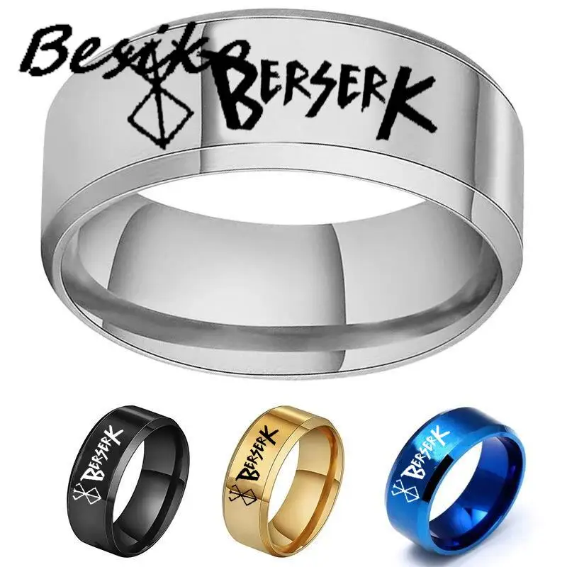 Besiko New Anime Peripheral Berserk Ring Commemorative Fashion Simple Cool Laser Stainless Steel Ring Men Women Jewelry 4 Color 2