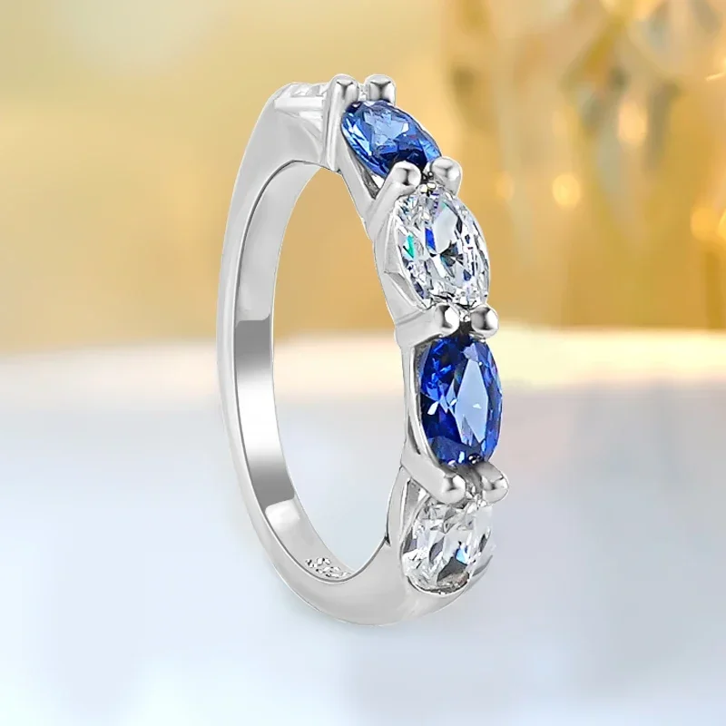 

Fashionable Luxury Niche Design Egg Shaped Tanzanian Blue S925 Sterling Silver Diamond Ring Engagement Gift Jewelry