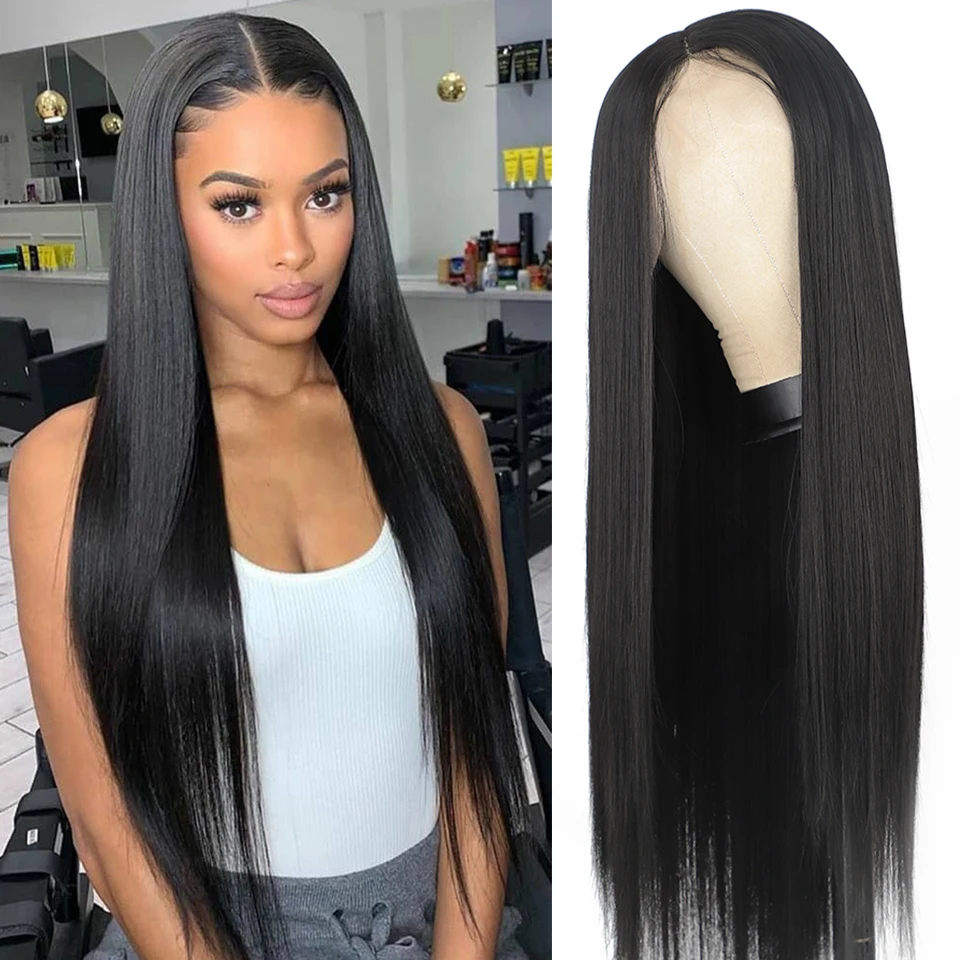 Long Straight T-Part Lace Wigs Black Synthetic Wigs for Women Blonde Pink Highlight Lace Wigs for Daily Cosplay Party