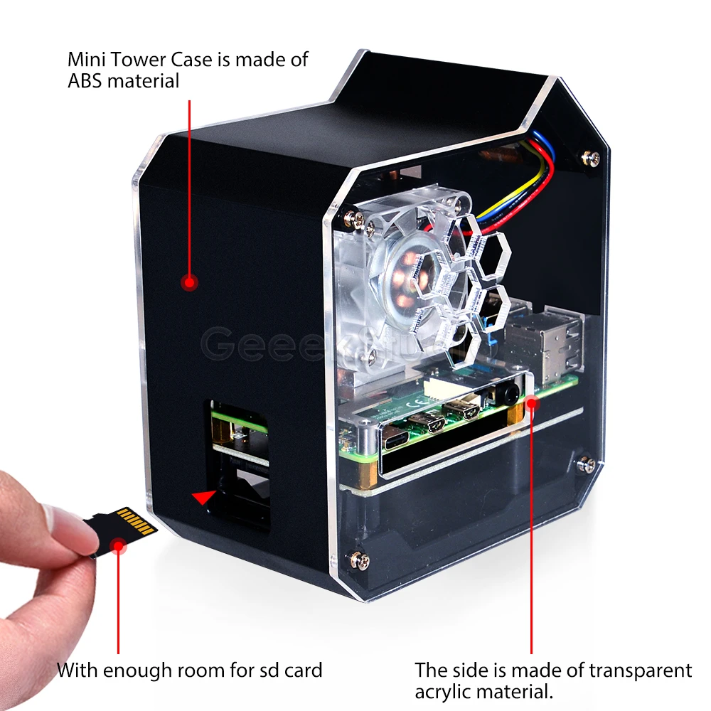 Abs Mini Tower Enclosure Case Ventilador Programável Rgb Placa Adaptadora Ssd M.2 Sata Shell Kit Nas para Raspberry pi b Novo - Imagem 3