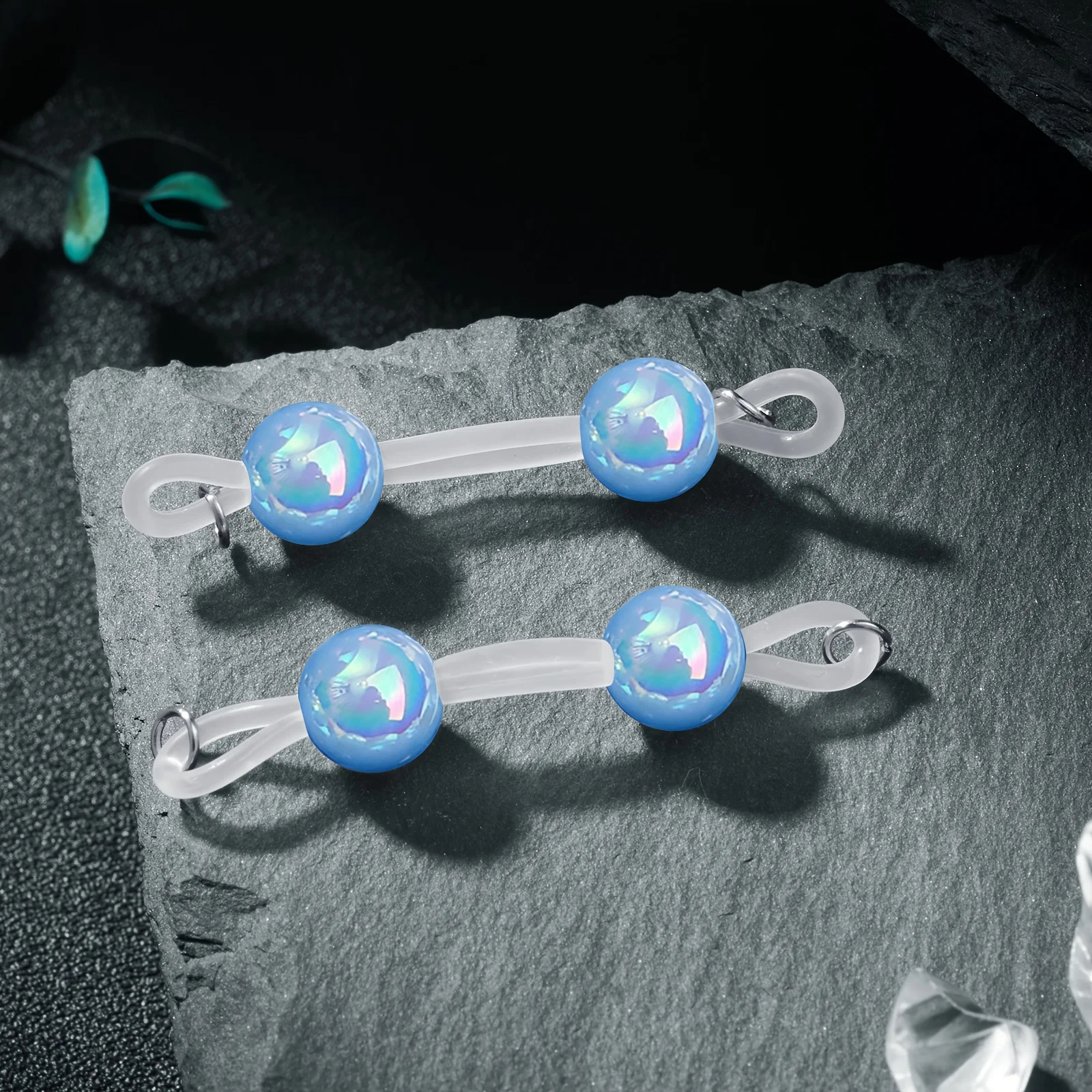 Perlenketten ohne Piercing – Pastellviolett, Rosa, schillerndes Rosa/Blau/Lila/, verstellbare Silikonringe, aufsteckbarer Schmuck – Detail 11