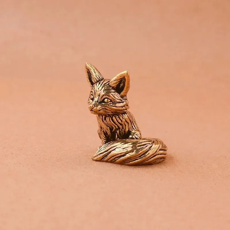 Brass Fox Statue Cute Fox Miniature Figurines Desk Decorations Accessories Copper Animal Sculpture Home Decor Crafts