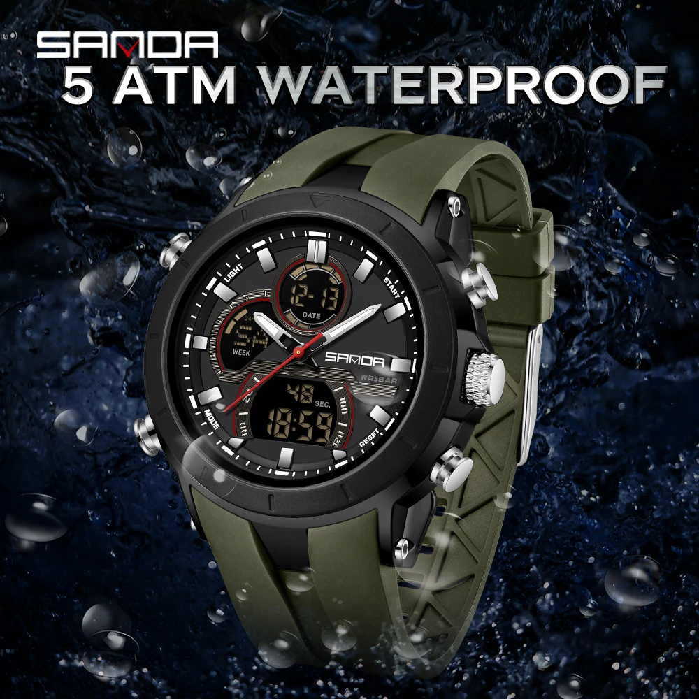 Men's Dual Display Waterproof Sports Watch with Large Dial and Luminous Features