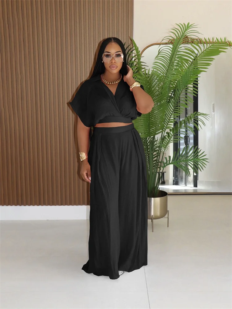 Wmstar Two Piece Outfits Women Wholesale Crop Top and Wide Leg Pants Sets V Neck Shor Sleeve Fashion Street Wear Drop Shopping