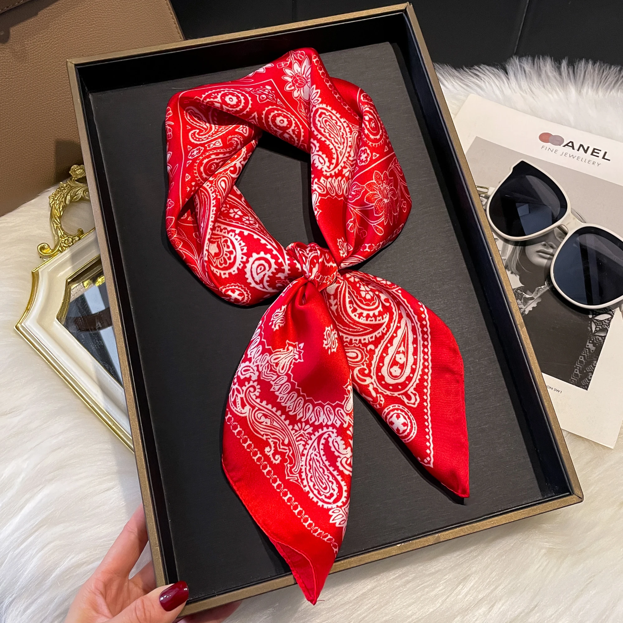 New Luxury Print 70*70cm Silk Square Scarf Women Soft Satin Hairband Neckerchief Tie Female Headband Foulard Bag Ribbon Gift