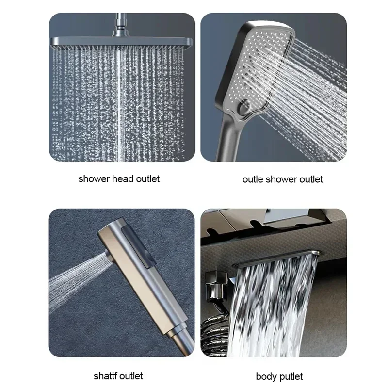 Bathroom Shower Faucet Set 4 Functions Digital Display Shower Thermostat Gray Black High Pressure Discharge Copper Taps