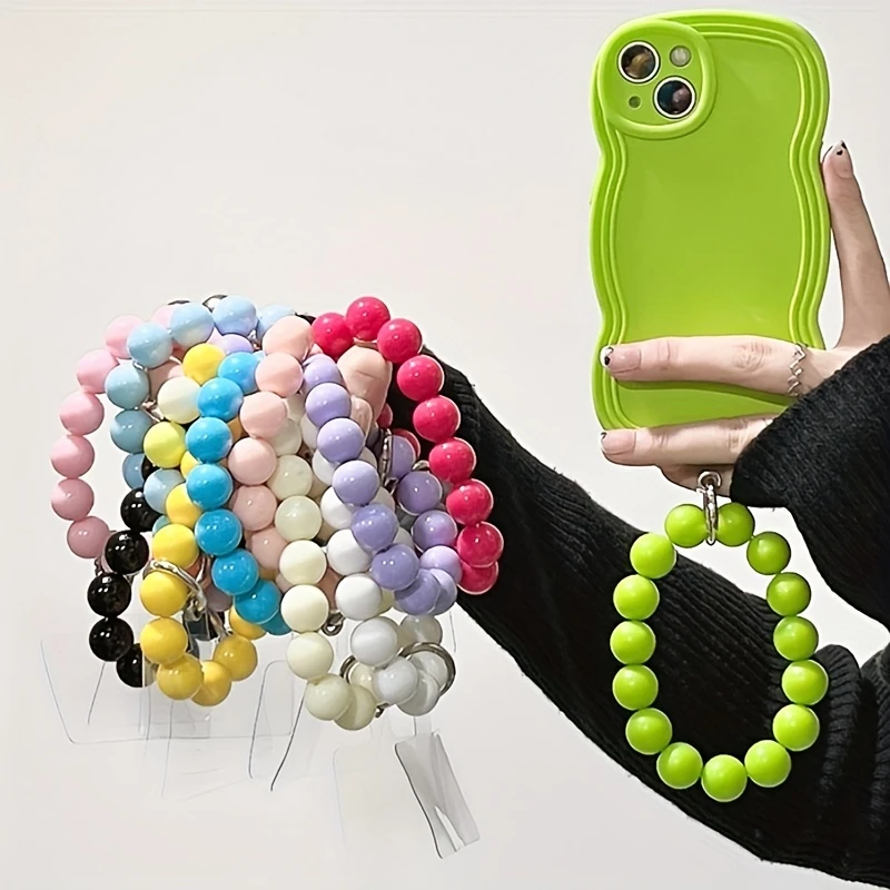 Luxus Einfache Feste Farbe Perlen Armband Telefon Kette Acryl Anhänger Für iPhone 14Pro Max Frau Anti-Verloren Kette Hängen schmuck_voghion.com