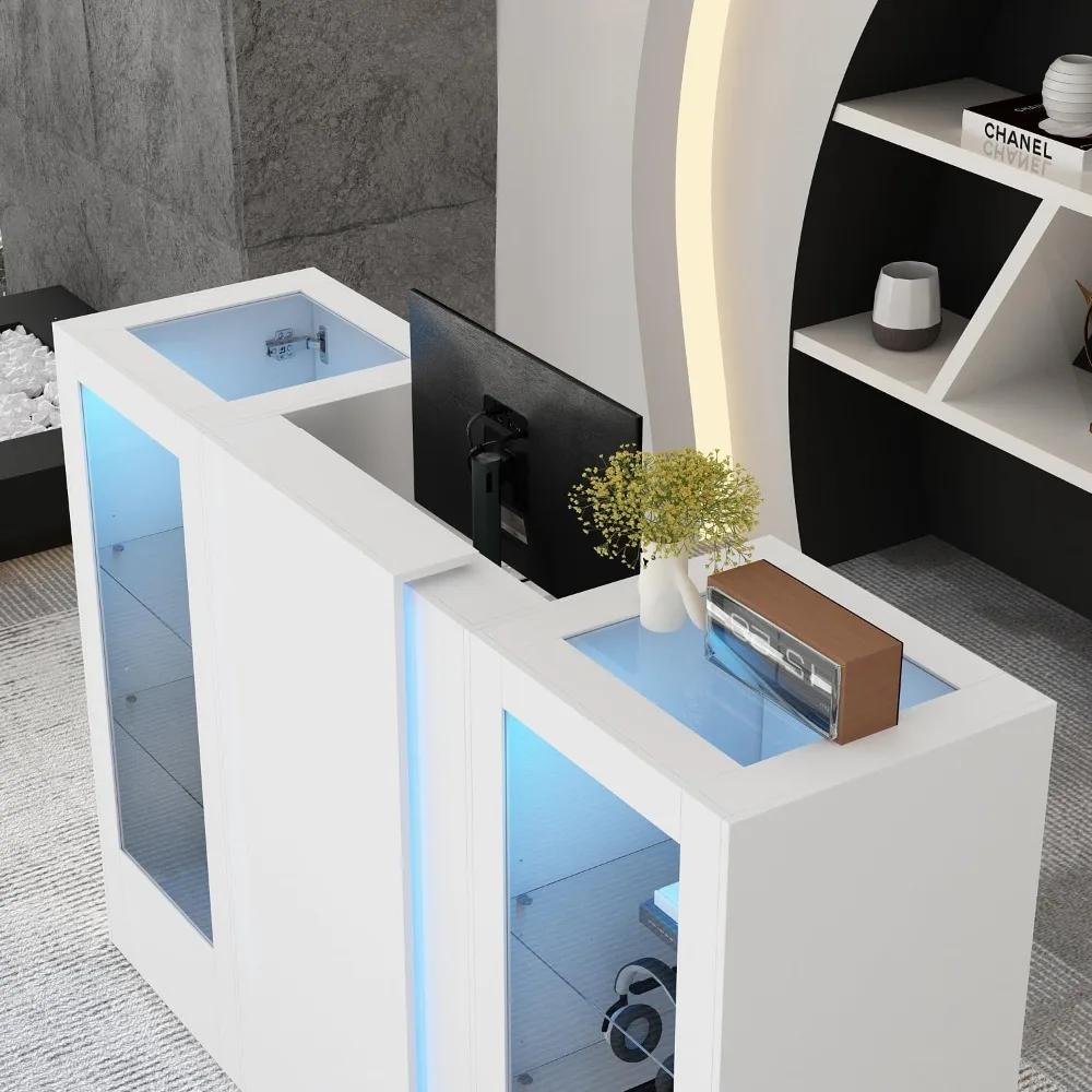 59.1 Inch LED Reception Desk with Glass Display Shelf, Cable Grommet & Storage - White