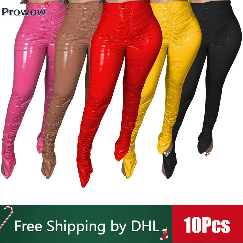 

10Pcs Bulk Casual PU Leather Pants Winter Y2k Pleated Pile Up Pants Solid Streetwear Split Leggings Women Clothes Wholesale 9880