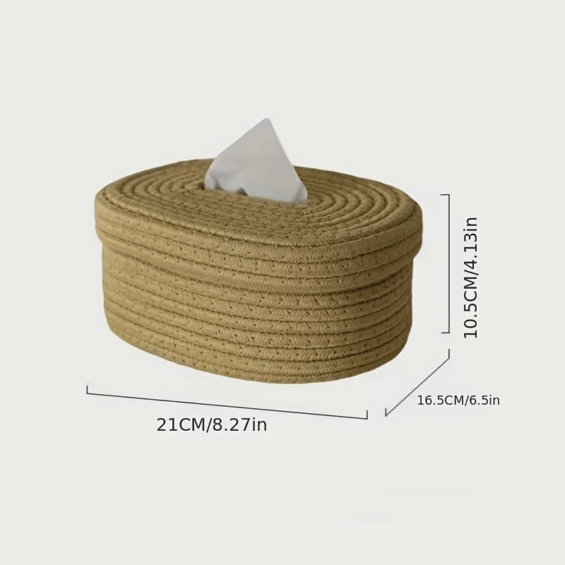1pc Cotton Rope Tissue Box, Oval Storage Box With Lid, Wipes Paper Storage Case, Mask Storage Basket Suitable For Bedroom Living 3