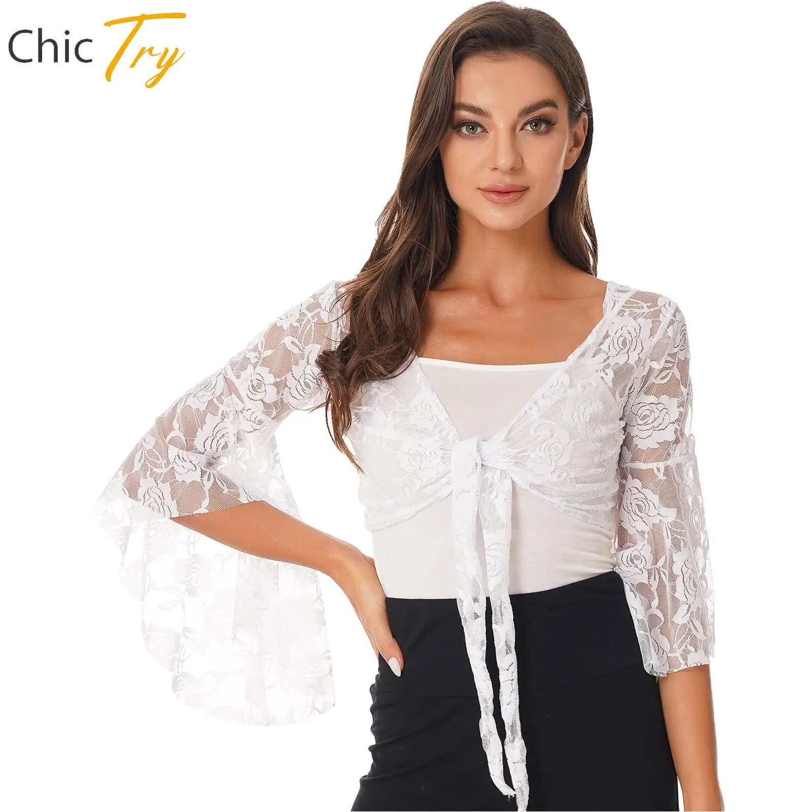 

Womens Belly Dance Top Flare Sleeve Shrug Sheer Butterfly Lace Top Gymnastics Cardigan Dance Performance Cover Up Crop Tank Top