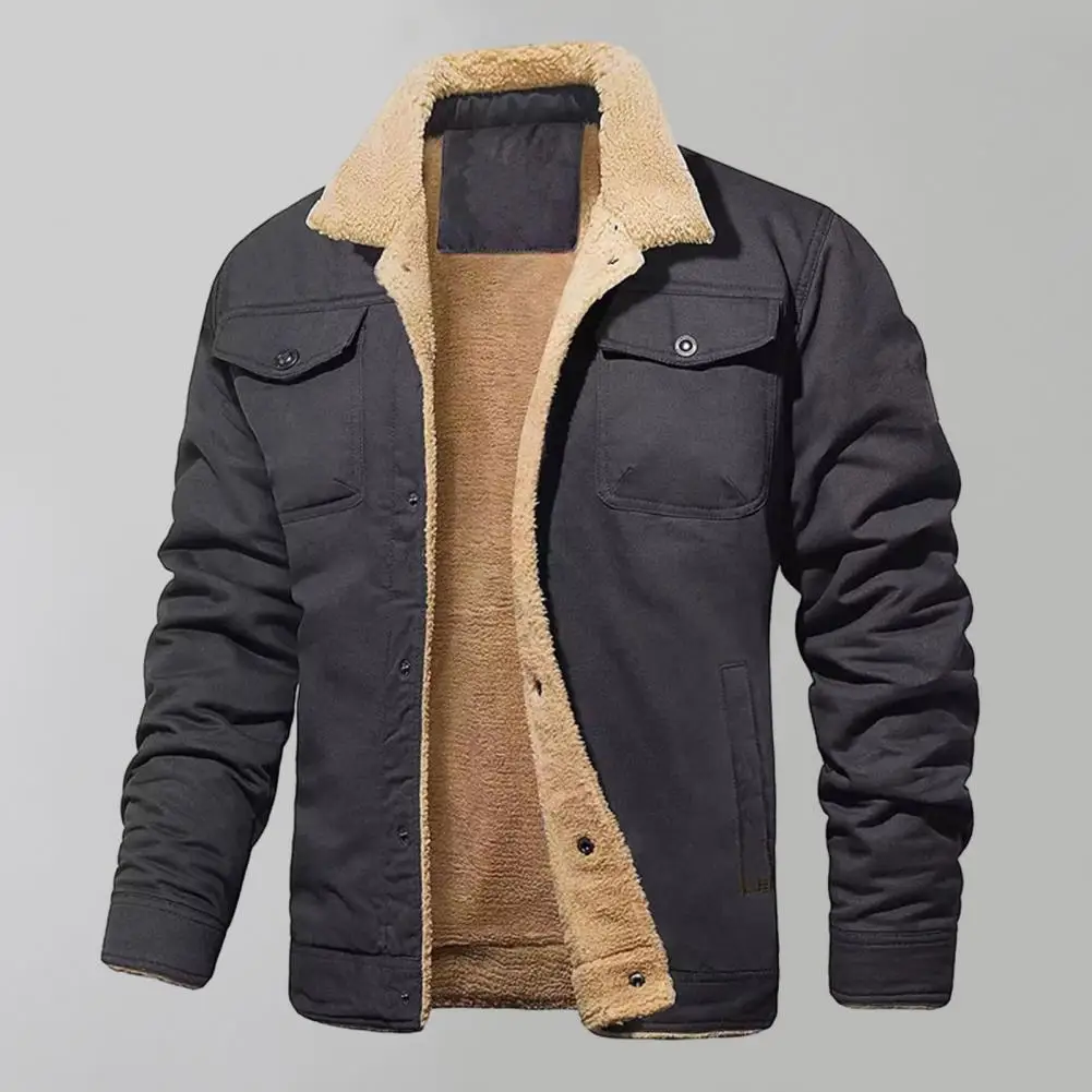 

Men Jacket Thermal Plus Size Men's Mid Length Plush Cardigan Jacket Windproof Lapel Single-breasted Pockets Solid Color Warm Men