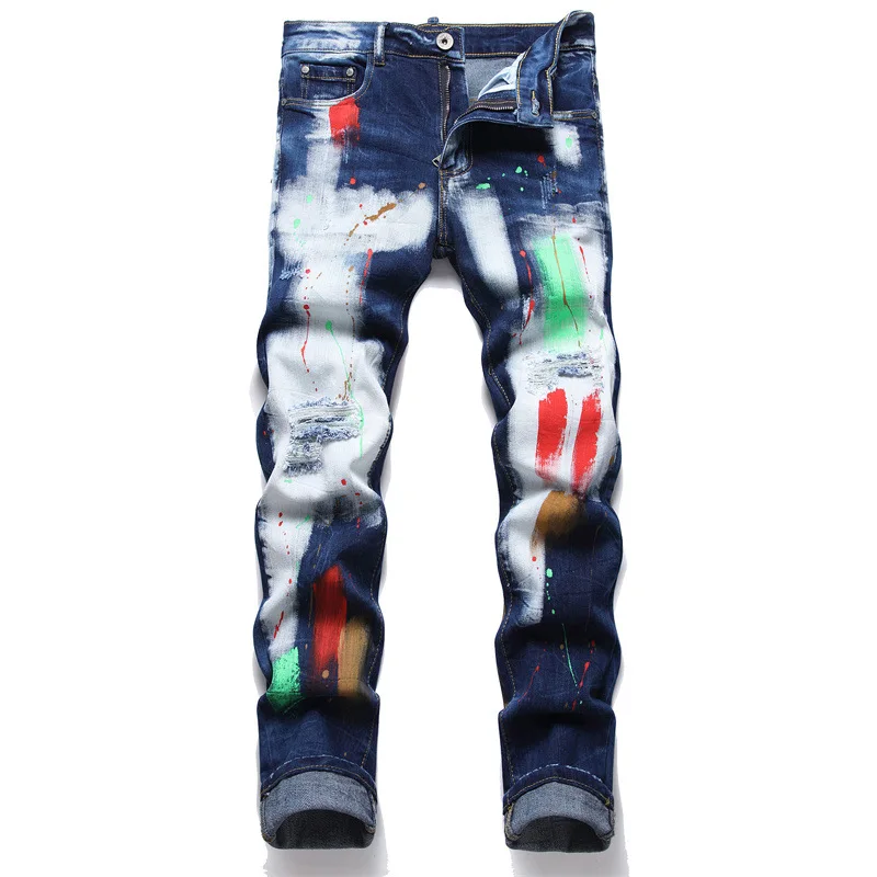 

Korean style clothing paint slim fit hole blue jeans streetwear denim pants man printed ripped trouers for teenager