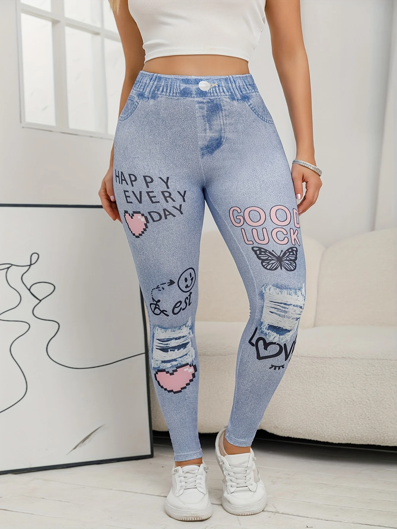 【Denim-inspired】Women's Fitted Leggings with Letter Print Pattern High Elasticity Fashionable Comfortable Stretch Knit Pants 3