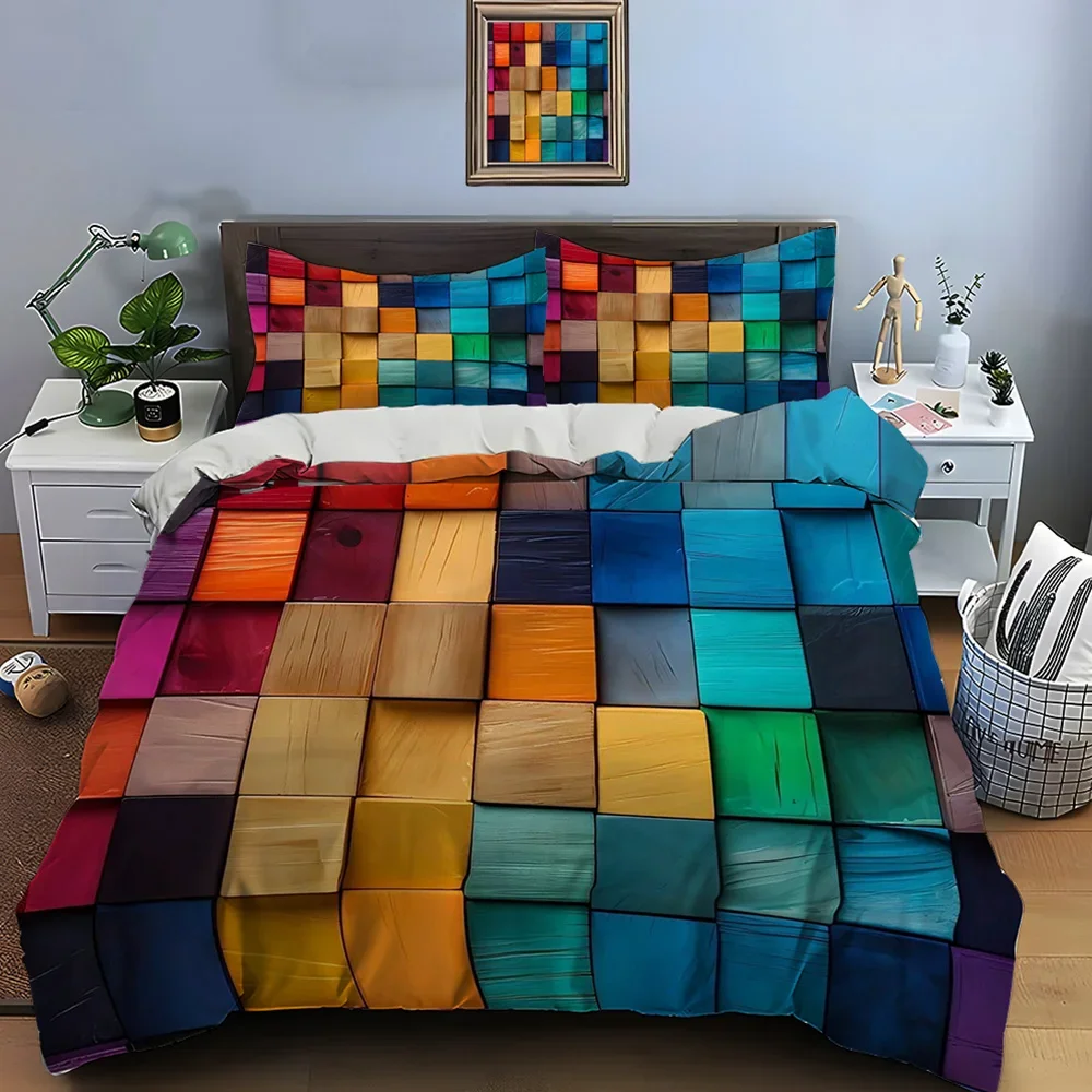 3D Honeycomb Square Gradient Color Print Bedding Set Duvet Cover 1 Duvet Cover 2 Pillowcases Adult and Kids Bedding Set Luxury