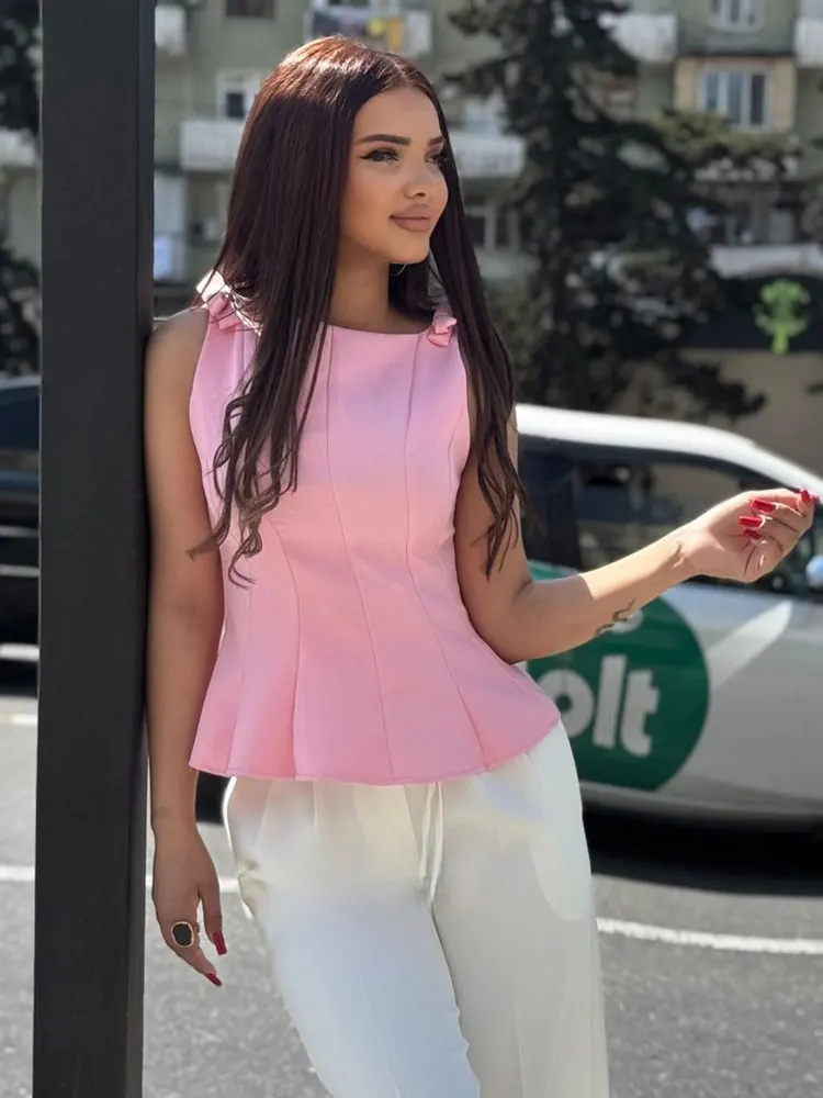 HH Women Elegant Solid Bow Cropped Tops Slim Sleeveless Off Shoulder Sexy Lady Tank Tops Fashion Casual Y2K Female Vest