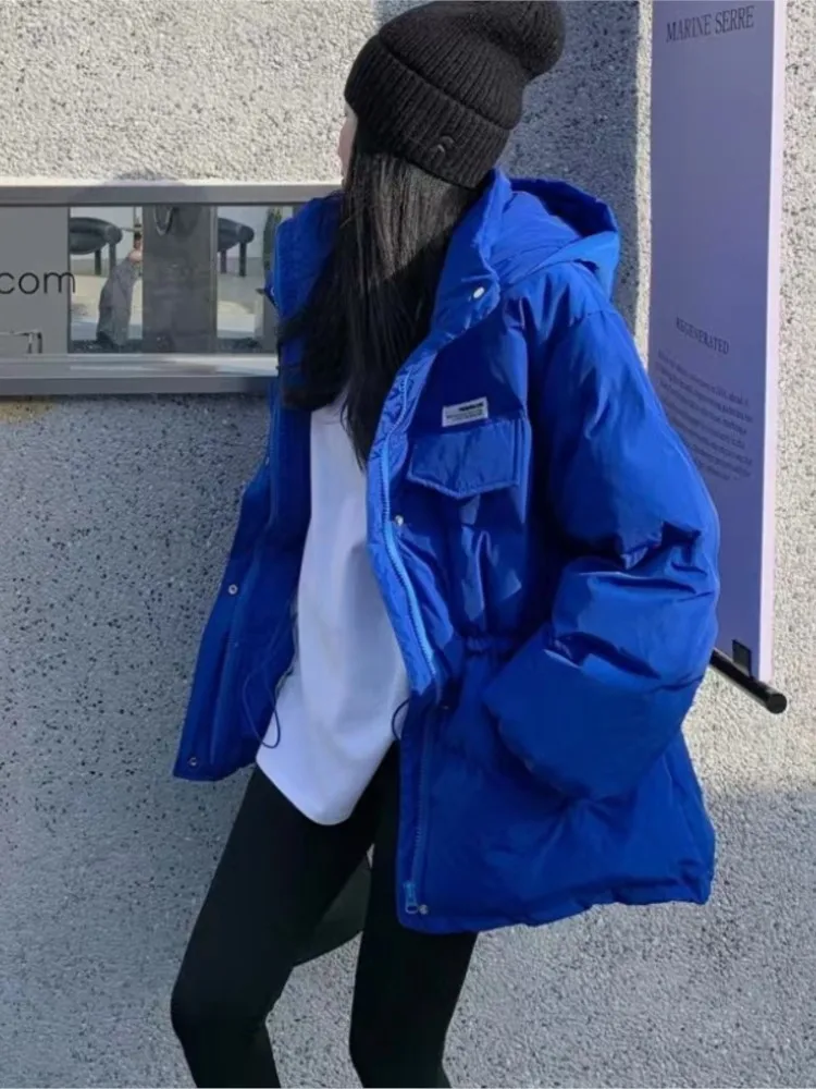 

2022 Winter New Klein Blue Hooded Cotton Padded Quilted Coats For Women's Fashion Oversize Jacket Overcoat Mujer Loose Parkas
